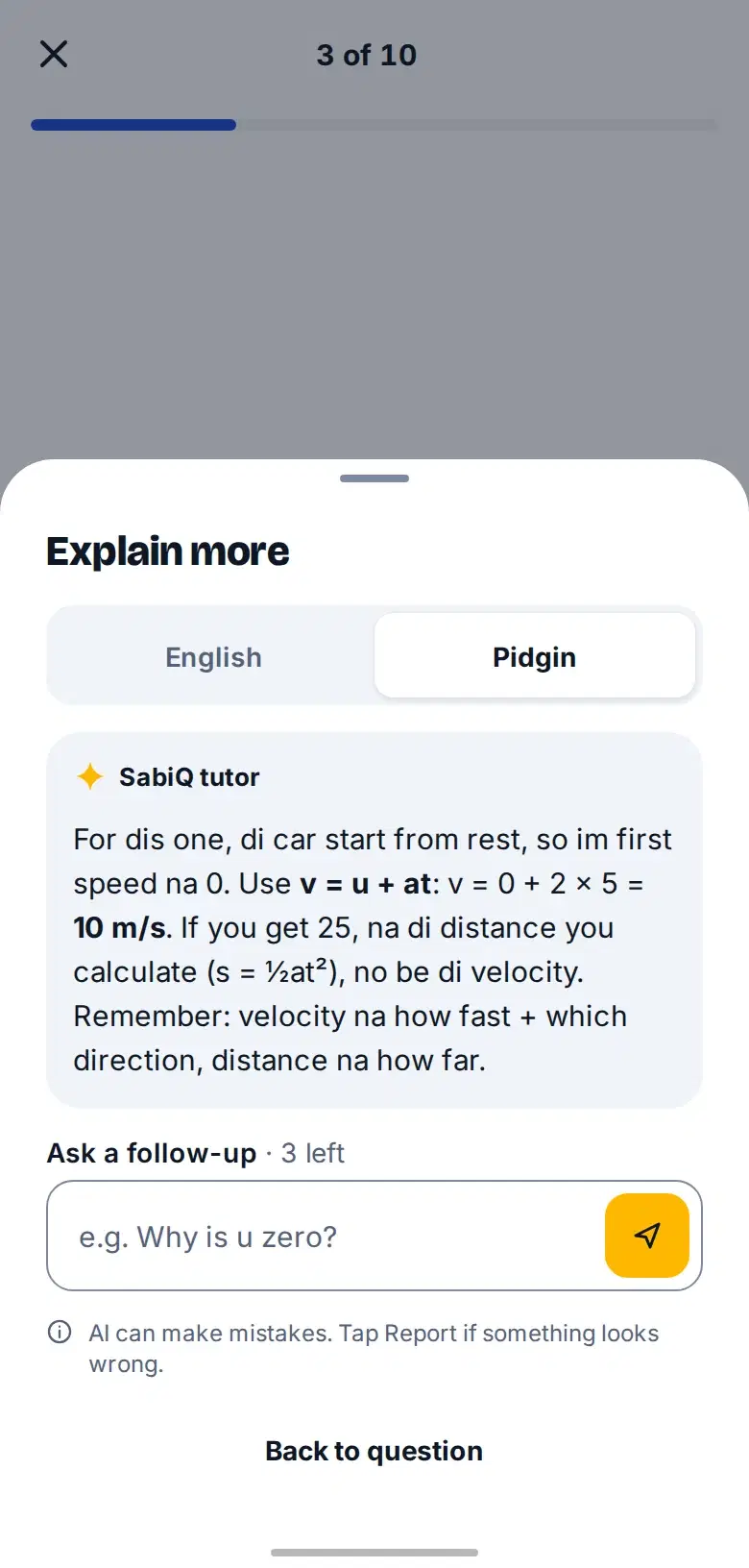 SabiQ tutor explaining a Physics question in Nigerian Pidgin